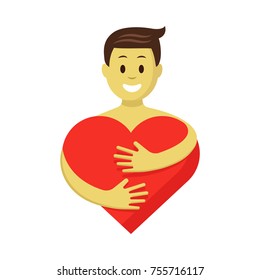 Happy man in love hugging red heart. Romantic colorful character vector illustration. Heart hug