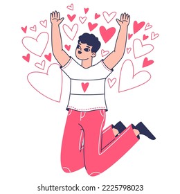 Happy man in love, jumping romantic character. Person fell in love surrounded by red hearts flat vector illustration on white background. Valentines day scene