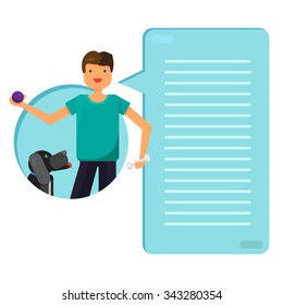 Happy man with lovely dog. Walking with pet. Thinking list. Template or blank with pet concept. Vector
