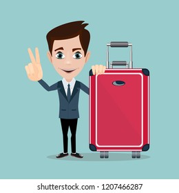 Happy man with luggage on background. A businessman with suitcases. Vector illustration in a flat style