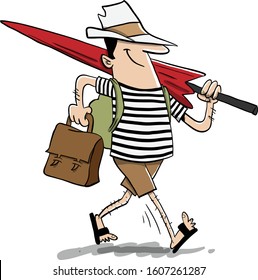 Happy man with luggage and umbrella going to the beach