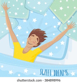 Happy man lying in bed with outspread arms and closed eyes - Sweet Dreams concept and lettering. Vector illustration