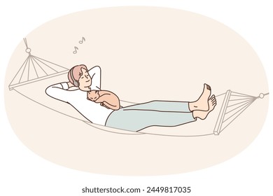 Happy man lying in hammock with cat listening to music. Smiling calm guy relax with pet enjoy sound in earphones. Vector illustration.