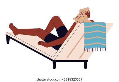 Happy man lying on chaise lounge and chilling. Guy relaxing, sunbathing on deck chair on summer holidays, vacation. Boy resting on beach sunbed. Flat vector illustration isolated on white background