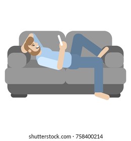 Happy man is lying on couch, holding  phone in hand. Young man laughs. Vector flat Illustration