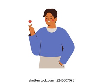 Happy man makes finger mini heart gesture. Asian guy crossed index and thumb fingers with love. Male person say respect with hand gesture. Vector illustration