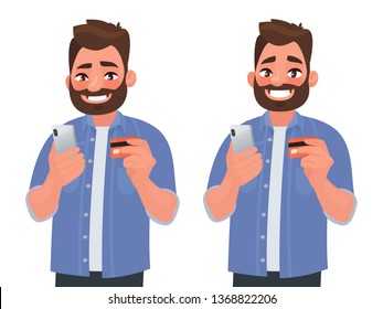 Happy man makes online shopping with a bank card through the phone. Vector illustration in cartoon style