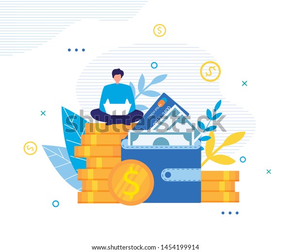 Happy Man Making Money Online on Laptop\
Metaphor Poster. Guy Sitting on Big Coins Pile near Huge Wallet\
with Banknote and Credit Card Works on Laptop. Profitable Internet\
Project Vector\
Illustration