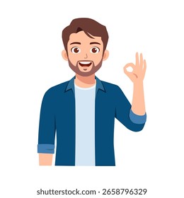 Hombre feliz que hace el gesto bien de la mano con la ilustración sonriente de la expresión de la cara