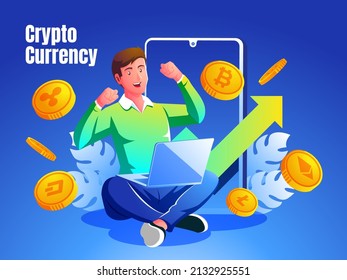 happy man making profit from cryptocurrency trading investment