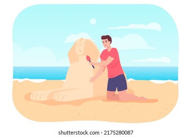 Happy man making sphinx out of sand on beach. Cartoon sculptor sculpting mythological creature flat vector illustration. Summer, Egypt, traveling concept for banner, website design or landing web page