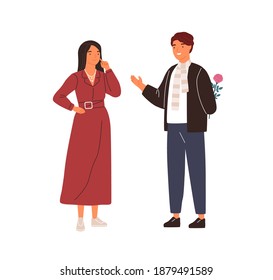 Happy man making surprise to woman hiding flower behind back vector flat illustration. Cute couple on a date. Romantic scene with young family isolated on white. Courtships of male admirer