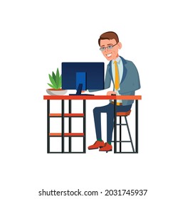 happy man manager working on computer with financial report cartoon vector. happy man manager working on computer with financial report character. isolated flat cartoon illustration