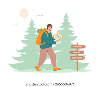 Hombre feliz con mapa caminando, caminando, viajando. Concepto de turismo, viajes y aventuras. Ilustración de carácter de Vector de vocación de verano aislado sobre fondo blanco.