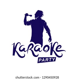 Happy man with microphone sings karaoke, famous superstar concert invitation flyer. Karaoke party writing.