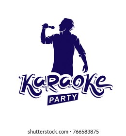 Happy man with microphone sings karaoke, live music concert vector invitation leaflet. Karaoke party writing.