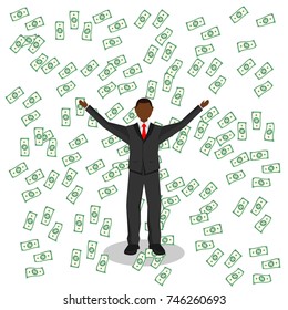 Happy man with money falling in the background