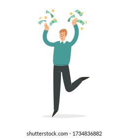 Happy man with money. Rich businessman or millionaire, careless wealthy character with moneybag, financial success, lottery win, fortune, good luck, business concept isolated on white background