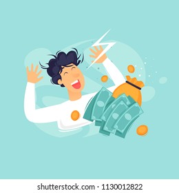 Happy man with money, successful businessman, success. Flat design vector illustration.