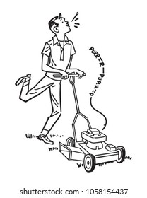 Happy Man Mowing Lawn - Retro Clip Art Illustration