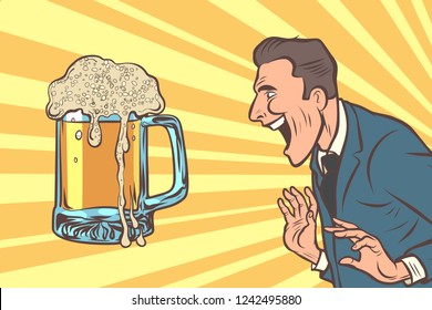 happy man and a mug of beer. Alcoholic drink pub. Comic cartoon pop art retro vector illustration drawing