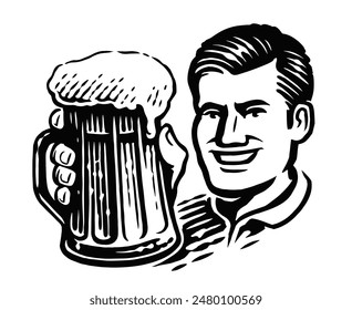 Happy man with a mug of beer. Pub, brewery concept. Fresh ale, alcoholic drink vector illustration