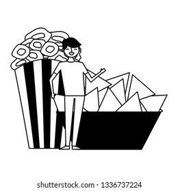 happy man with nachos and popcorn