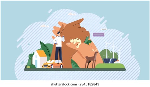 Happy man in nature with plants in garden, cat in huge hands. Person feeling unity with nature, enjoying and contemplating. Wellbeing concept. Clean nature, smart home and energy-saving technologies