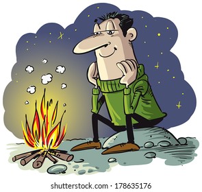 Happy man near fire outside.