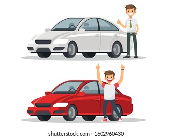 Happy man near his car. Vector illustration in a flat style.