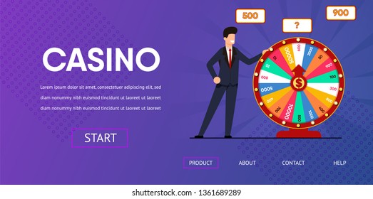 Happy Man near Spin Wheel Fortune Vector Illustration. Internet Casino Lottery Gambling Roulette Online Page. Lucky Winner Money Jackpot Prize Win Chance Failure Risk Game Addiction