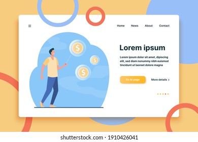 Un hombre feliz que necesita burbujas de jabón con dinero. Moneda, dólar, aguja, ilustración vectorial plana. Concepto financiero y de quiebra para banner, diseño de sitios web o página web de aterrizaje