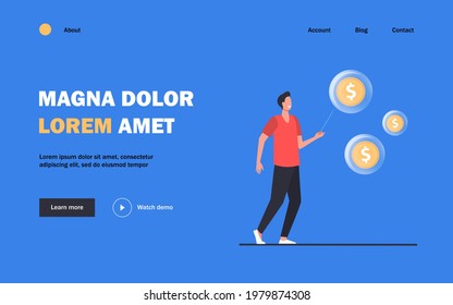 Happy man needling soap bubbles with money. Coin, dollar, needle flat vector illustration. Finance and bankruptcy concept for banner, website design or landing web page