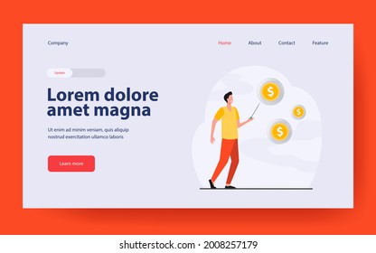 Happy man needling soap bubbles with money. Coin, dollar, needle flat vector illustration. Finance and bankruptcy concept for banner, website design or landing web page