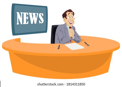 Happy man news anchor or reporter. Funny people. Stock illustration.