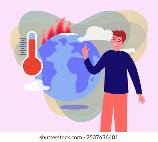 Homem feliz próximo ao planeta com alta temperatura. Queima de fogo na Terra, ativista ecológico dando prioridade à ilustração do vetor de aquecimento global. Conceito de ecologia, ambiente e alterações climáticas