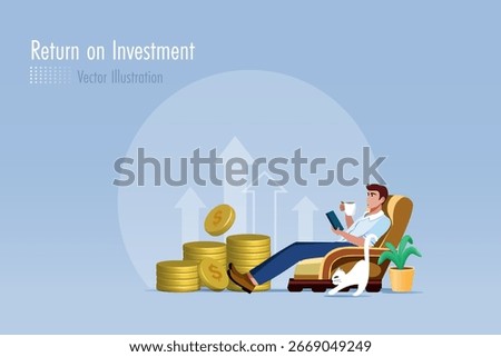 Happy man on cozy sofa with growth profit from return on investment and gold coins. Financial plan, smart and success investment strategy. Vector.