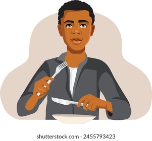 
Happy Man on a Diet Eating with Cutlery Vector Cartoon Illustration. Restaurant customer having appetite having conscious eating habits 
