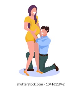 happy man on knee listening his pregnant wife belly cheerful couple man woman embracing pregnancy and parenthood concept flat full length white background