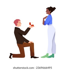 Happy man on one knee proposing to his girlfriend, flat vector illustration isolated on white background. Engaged couple in love. Concept of wedding.