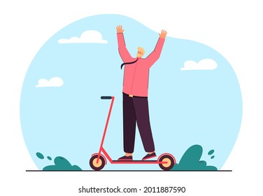 Happy man on scooter flat vector illustration. Man in suit enjoying life, riding scooter, moving around city quickly and with pleasure. Transport, electric scooter, hobby, modern technologies concept