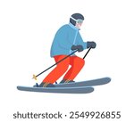 Happy man on skies. Skier character isolated on white background. Man skiing in mountain. Ski resort and winter extreme sport concept. Vector illustration.