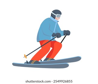 Happy man on skies. Skier character isolated on white background. Man skiing in mountain. Ski resort and winter extreme sport concept. Vector illustration.