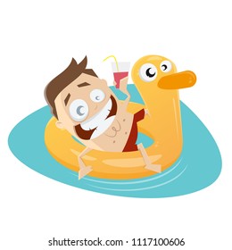 happy man on vacation with floating tire