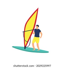 A happy man on the windsurfing board vector illustration, windsurfer man character windsurfing