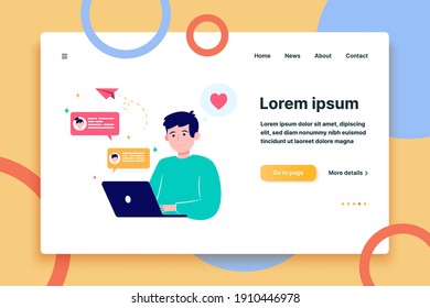 Happy man online dating via laptop isolated flat vector illustration. Young guy sending message, chatting, finding partner. Communication and digital technology concept