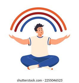 Happy man open his arms to the rainbow. Kind character with positive mood. Smiled boy creates good vibe around him. Male character enjoys his life. Body positive and health care vector illustration
