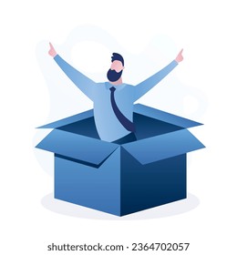 Hombre feliz en una caja de cartón abierta. Exitoso hombre de negocios. Buscador de empleo o desarrollador de nuevo producto de inicio. Carácter masculino de estilo sencillo y azul a la moda. Ilustración vectorial plana