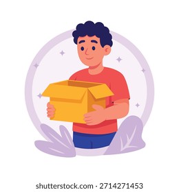Hombre feliz abre una caja de cartón recibida del servicio de mensajería.