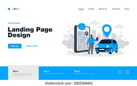 Happy man ordering taxi. Group of people sharing or renting car flat vector illustration. Carsharing, transportation, online car sharing service concept for banner, website design or landing web page